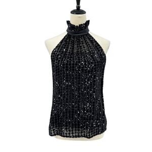 Worth Black Velvet Polka Dot Halter High Neck Silk Blend Sleeveless Party Blouse
